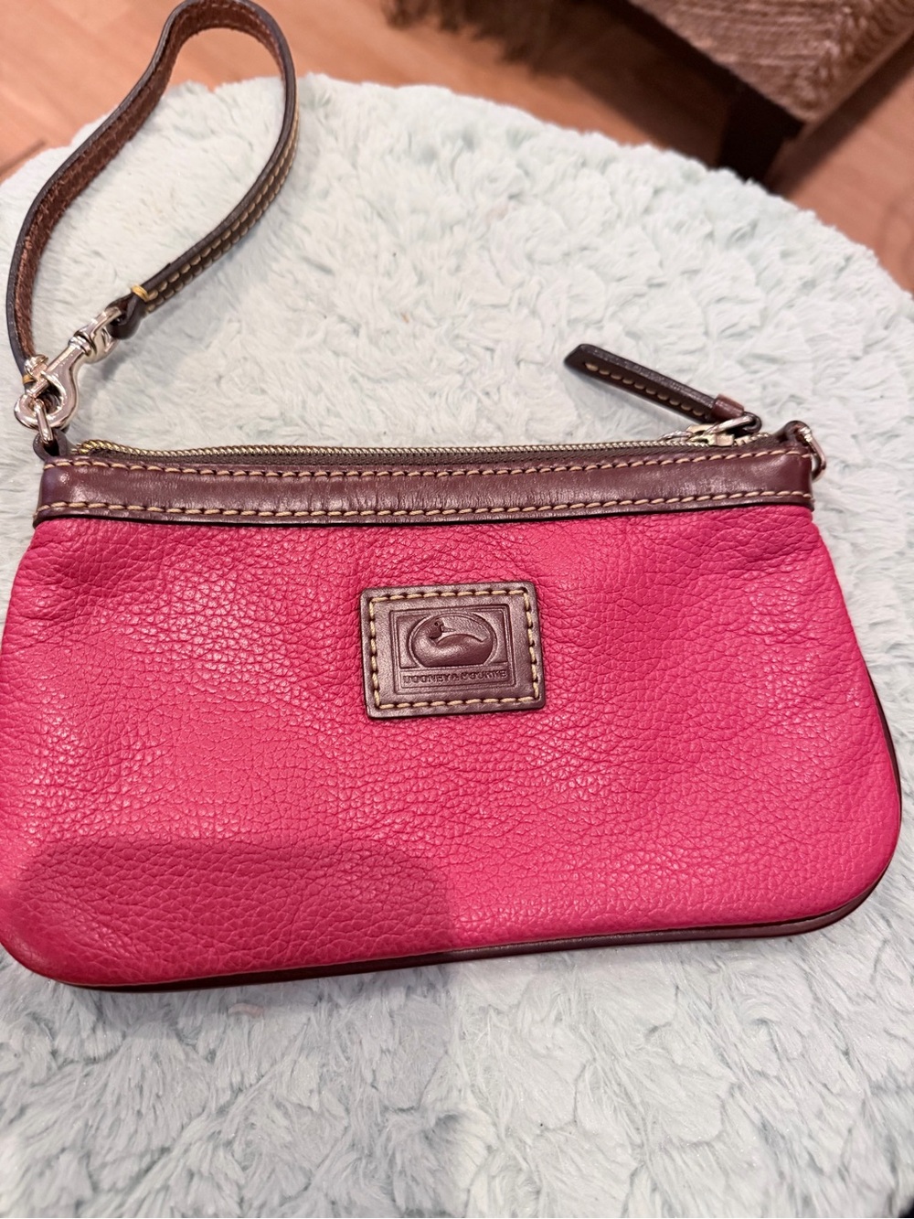 Dooney & Bourke red Pebbled Leather Wristlet with Brown Trim